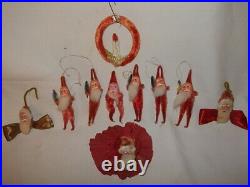10 Vintage Chenille w Composition Face Santa Claus Ornaments for Feather Tree