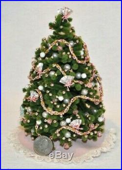 112 Miniature Dollhouse Chenille Christmas Tree Pink Gold Ornaments Skirt Lace