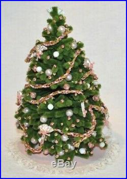 112 Miniature Dollhouse Chenille Christmas Tree Pink Gold Ornaments Skirt Lace