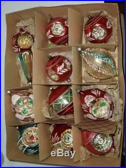 12 Antique Vintage Christmas Tree Glass Ornaments Triple Indent, Nipple, Balloon