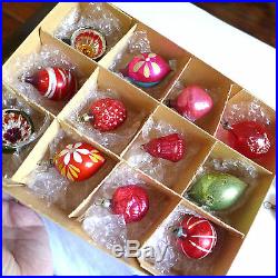 12 Feather Tree Glass Unsilvered Bell Indent Xmas Ornaments Box vtg Teardrop