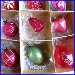 12 Feather Tree Glass Unsilvered Bell Indent Xmas Ornaments Box vtg Teardrop