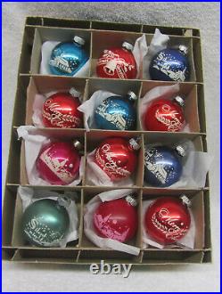 12 Vintage Mercury Glass STENCIL 2 Christmas Tree Ornaments USA SHINY BRITE Box