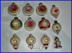 12 Vintage Shiny Brite Christmas Tree Ornaments Double Indents, Mica, Ufo