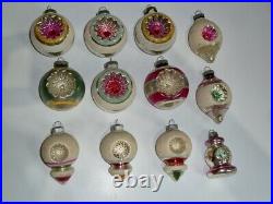 12 Vintage Shiny Brite Christmas Tree Ornaments Double Indents, Mica, Ufo