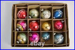 12 Vintage Shiny Brite Glass Christmas Tree Ornaments MCM Large Balls Decor Box