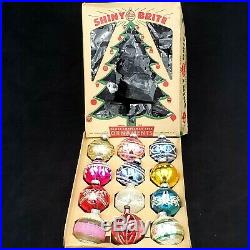 12 Vintage Shiny Brite Stenciled Glitter Mercury Glass Christmas Tree Ornaments