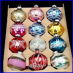 12 Vintage Shiny Brite Stenciled Glitter Mercury Glass Christmas Tree Ornaments
