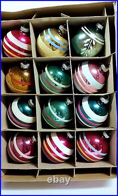 12 Vintage Shiny Brite Striped Glass Christmas Tree Ornaments MCM Lot in Box