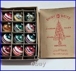 12 Vintage Shiny Brite Striped Glass Christmas Tree Ornaments MCM Lot in Box