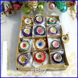 12 Vtg Fluted Indent Feather Tree Glass Xmas Ornaments Japan Mini 1.5 Box