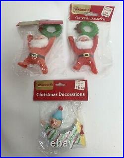 14 Vintage WOOLWORTH Christmas Tree Ornaments Flocked Reindeer Elves Santa NEW