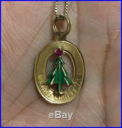 14K Gold necklace Retro Vintage Merry Christmas / Christmas Tree Pendant Charm