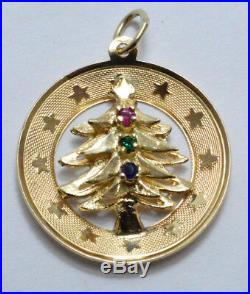 14K Yellow Gold Christmas Tree Round Charm Pendant with Stones Vintage 3.9g