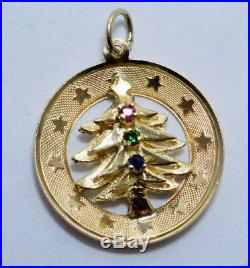 14K Yellow Gold Christmas Tree Round Charm Pendant with Stones Vintage 3.9g