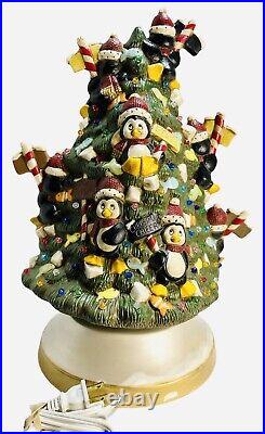 16 Ceramic lighted penguin Christmas tree. Clay Magic VTG READ