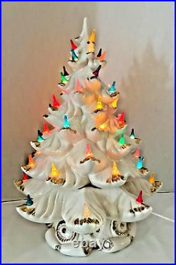 18.5 Vintage Ceramic Christmas Tree White Gold Acnts MultiColor Bulb CrackonBase