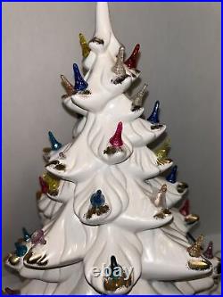 18.5 Vintage Ceramic Christmas Tree White Gold Acnts MultiColor Bulb CrackonBase