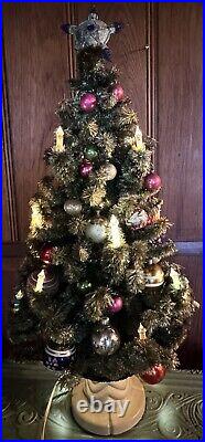 1940s GLOLITE TABLETOP CHRISTMAS TREE WITH VINTAGE ORNAMENTS