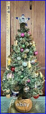 1940s GLOLITE TABLETOP CHRISTMAS TREE WITH VINTAGE ORNAMENTS