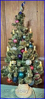 1940s GLOLITE TABLETOP CHRISTMAS TREE WITH VINTAGE ORNAMENTS