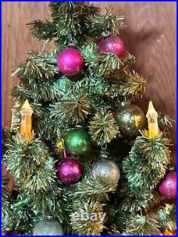 1940s GLOLITE TABLETOP CHRISTMAS TREE WITH VINTAGE ORNAMENTS