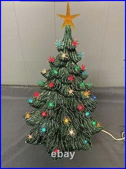 1980's Vtg Ceramic Christmas Tree 22 tall 2 Piece Signed Starburst Lights Flock