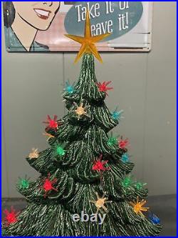 1980's Vtg Ceramic Christmas Tree 22 tall 2 Piece Signed Starburst Lights Flock