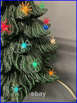 1980's Vtg Ceramic Christmas Tree 22 tall 2 Piece Signed Starburst Lights Flock