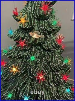 1980's Vtg Ceramic Christmas Tree 22 tall 2 Piece Signed Starburst Lights Flock