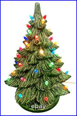 1982 Vintage 2 Piece 16 Ceramic Lighted Christmas Tree Green with Holly Base Nice