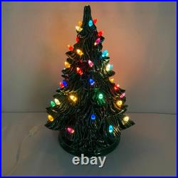 1982 Vintage 2 Piece 16 Ceramic Lighted Christmas Tree Green with Holly Base Nice