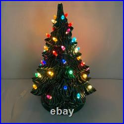 1982 Vintage 2 Piece 16 Ceramic Lighted Christmas Tree Green with Holly Base Nice