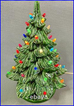 1982 Vintage 2 Piece 16 Ceramic Lighted Christmas Tree Green with Holly Base Nice