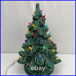 1982 Vintage 2 Piece 16 Ceramic Lighted Christmas Tree Green with Holly Base Nice