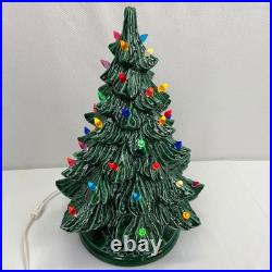 1982 Vintage 2 Piece 16 Ceramic Lighted Christmas Tree Green with Holly Base Nice