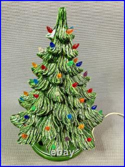 1982 Vintage 2 Piece 16 Ceramic Lighted Christmas Tree Green with Holly Base Nice