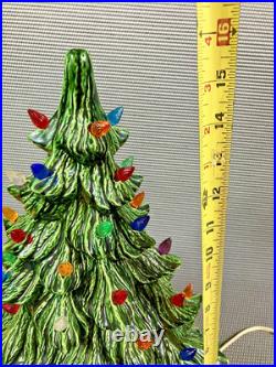1982 Vintage 2 Piece 16 Ceramic Lighted Christmas Tree Green with Holly Base Nice