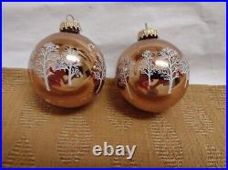 2 Vintage Christmas by Krebs Tree Ornaments Gold with Snowy Trees Cardinals