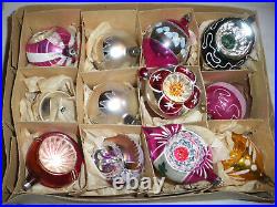 24 Vintage glass Christmas tree ornaments. Indent, tear drop, mica. Poland