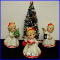 3 Vintage CHRISTMAS ANGEL GIRL Figurines w Bottle Brush Tree