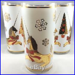 3 Vintage Culver Glasses Tumblers 22k Gold Resting Unicorn Christmas Tree Red