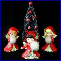 3 Vintage Lefton ANGEL GIRL Figurines with Muffs around Flocked Christmas Tree
