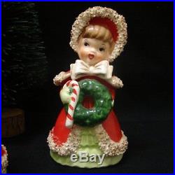 3 Vintage Lefton Girl Bell Figurines with bottle brush Christmas Tree Sweet