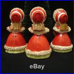3 Vintage Lefton Girl Bell Figurines with bottle brush Christmas Tree Sweet