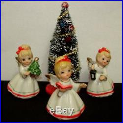 3 Vintage PARMA CHRISTMAS ANGEL GIRL Figurines w Bottle Brush Tree