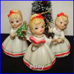 3 Vintage PARMA CHRISTMAS ANGEL GIRL Figurines w Bottle Brush Tree