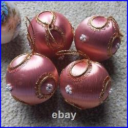36 Vtg Satin Ball Christmas Tree Ornament Lot Beaded Bells Glitter String Pink