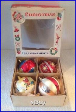 4 Vtg Jumbo Blown Glass Christmas Tree Mica Ornaments Poland Balls Santa Flower