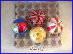 4 Vtg Jumbo Blown Glass Christmas Tree Mica Ornaments Poland Balls Santa Flower